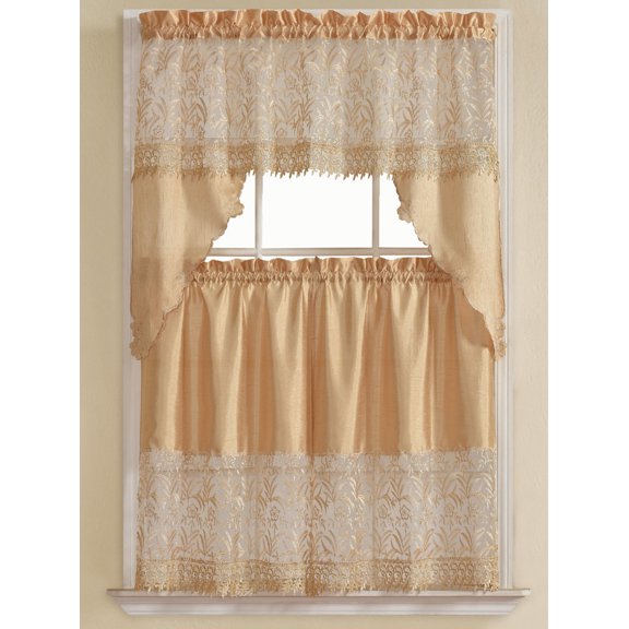 Ortie 3-Piece Gold Embroidered Kitchen Curtain Set, Gold, Tiers 30x36, Swag 60x36 Inches