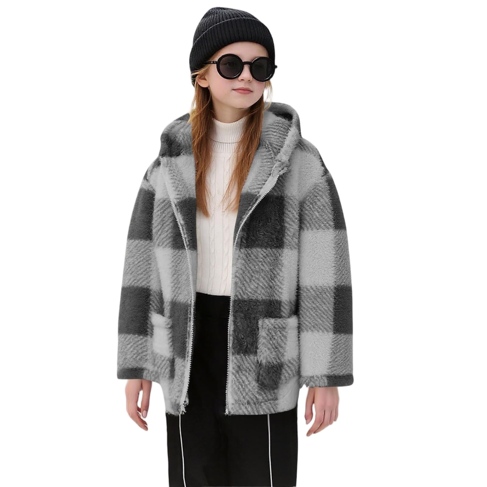 Xdegoge Girls Fleece Sherpa Jacket Plaid Fuzzy Zip Up Long Sleeve Hoodie Teen Thermal Loose Cozy Hooded Coats Tween 2025 Winter Thick Warm Outerwear With Pockets Age 8-14 Years