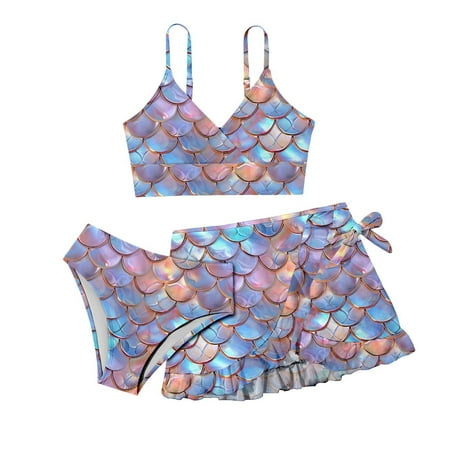 Hienoo Tween Girls 3-Piece Bikini Swimsuit Scale Print Bathing Suit with Cover-Up Swimwear