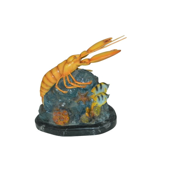 Lobster with Fish Bronze Statue -  Size: 9"L x 18"W x 16"H.