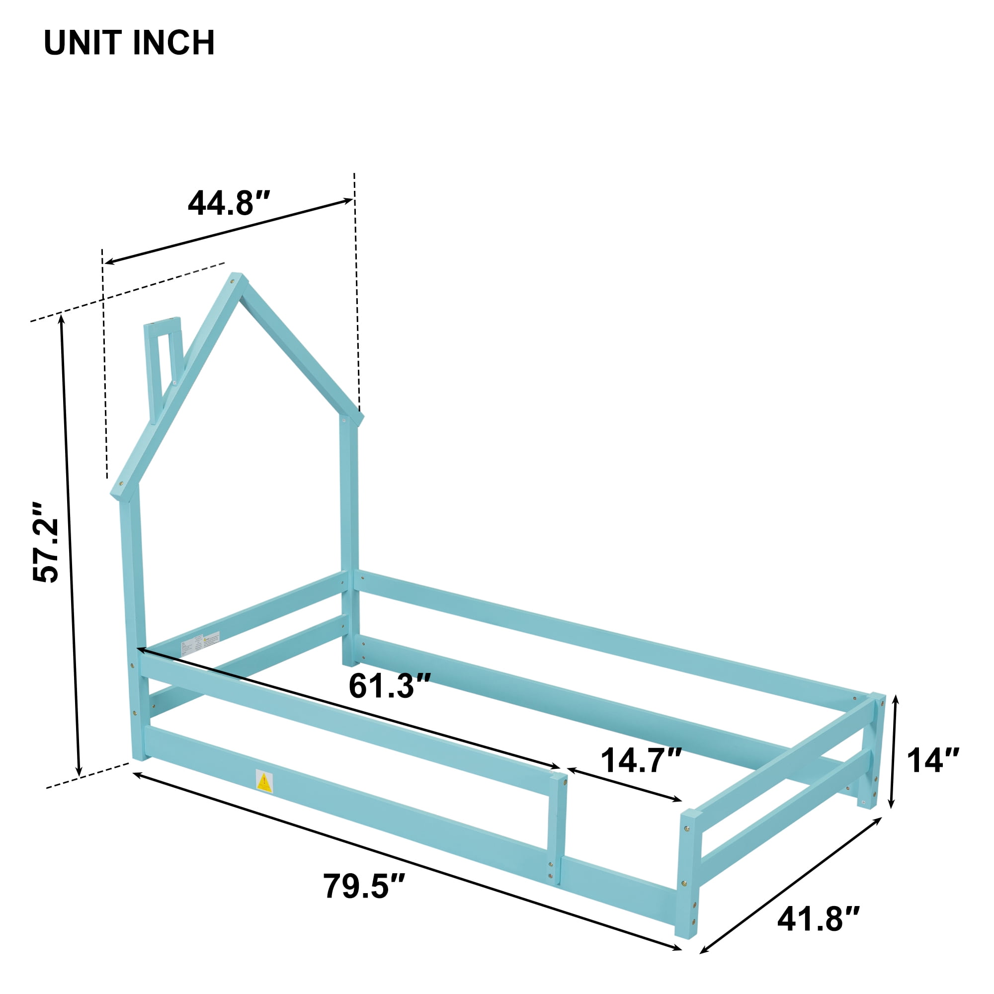 Yoneston Twin Floor House Bed Frame for Toddlers, Wooden Kids Platform Bed Frame with Fence and Door for Girls Boys, Light Blue