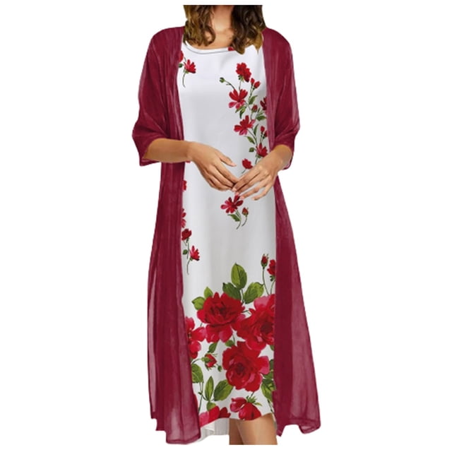 Vestido sin mangas con cuello redondo y estampado floral informal para mujer Conjunto de dos piezas de abrigo sólido Pompotops ghjkhdj1890