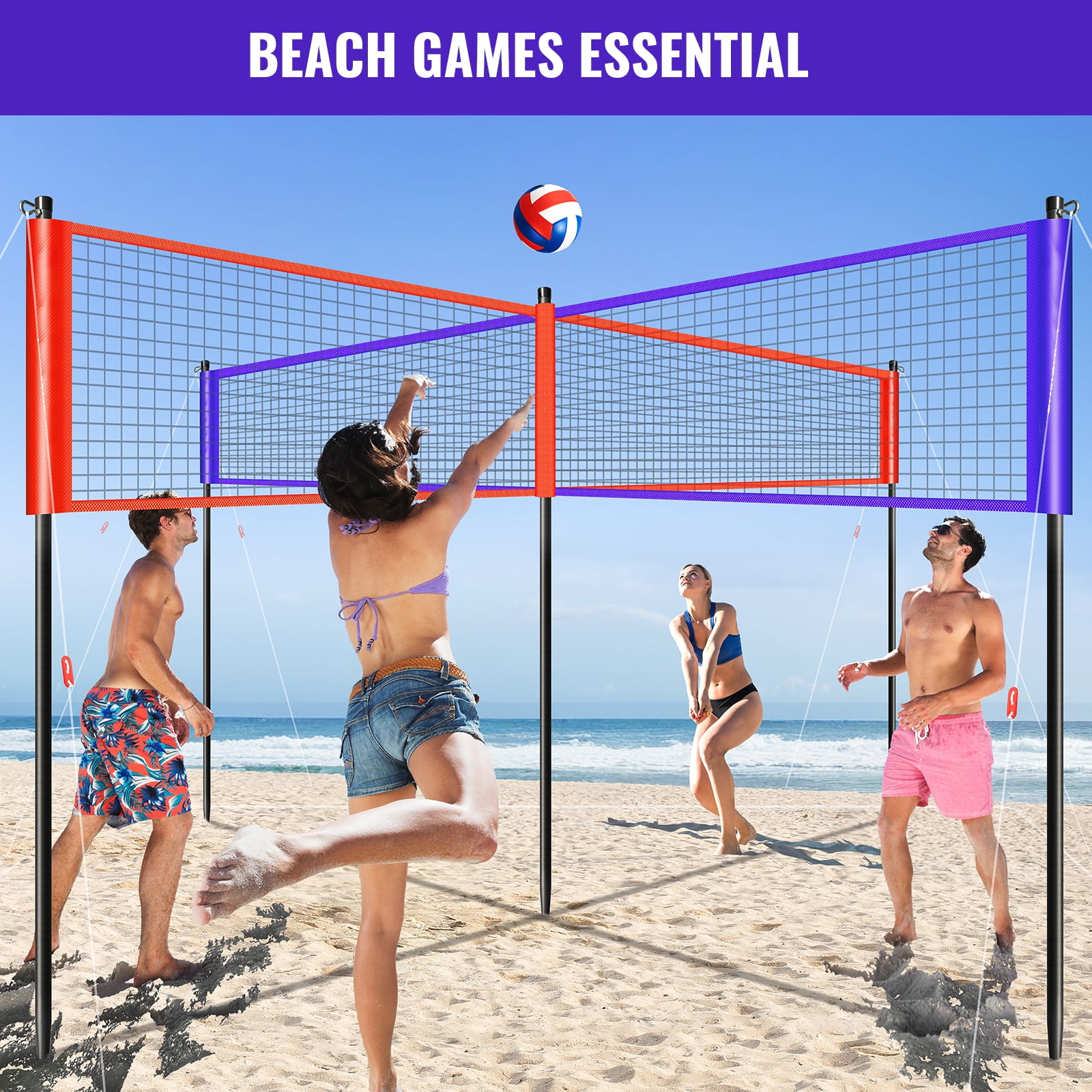 CureCalor 4 Way Volleyball Net Set, Adjustable Height, 4 Square Volleyball Set for Backyard & Beach