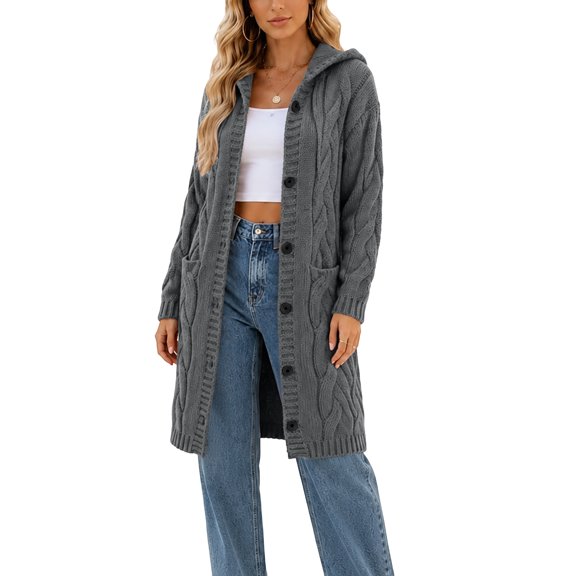 JUUNthy Womens Cable Knit Cardigan, Hooded Long Sleeve Button Front Casual Fall Winter Sweater Coat Dark Gray 5XL
