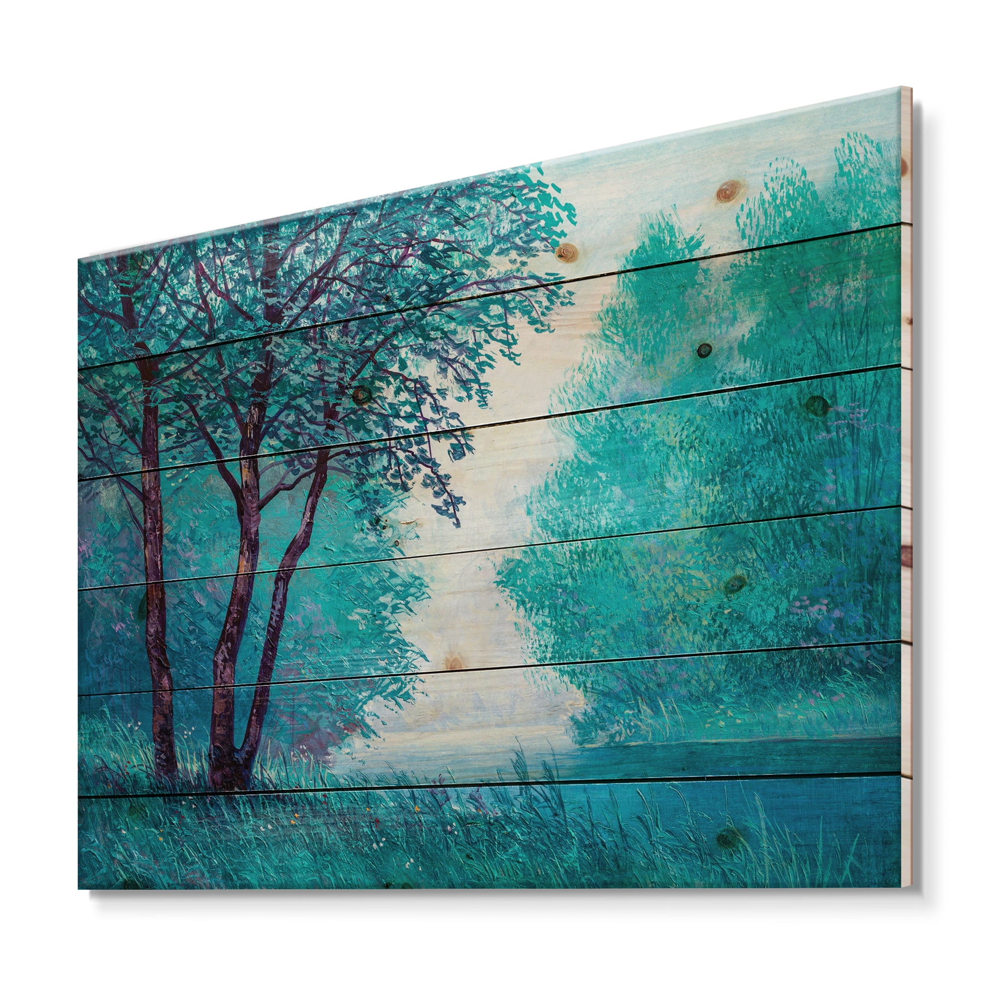 Designart 'Blue Coloured Tree Impression By Riverside' Lake House Print on Natural Pine Wood