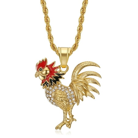 NEGS 18K Gold Plated Cock Pendant 24'' Chain Totem Amulet Charm Rooster Stainless Steel Punk Rock Necklace for Men Women
