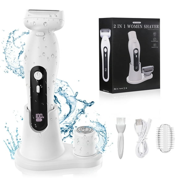 Women Electric Razor, 2 in 1 Electric Shaver for Women, LED Light, Digital Display, Low Noise, Wet Dry Use for Bikini Hair Removal Underarm Public Hairs Legs, White
