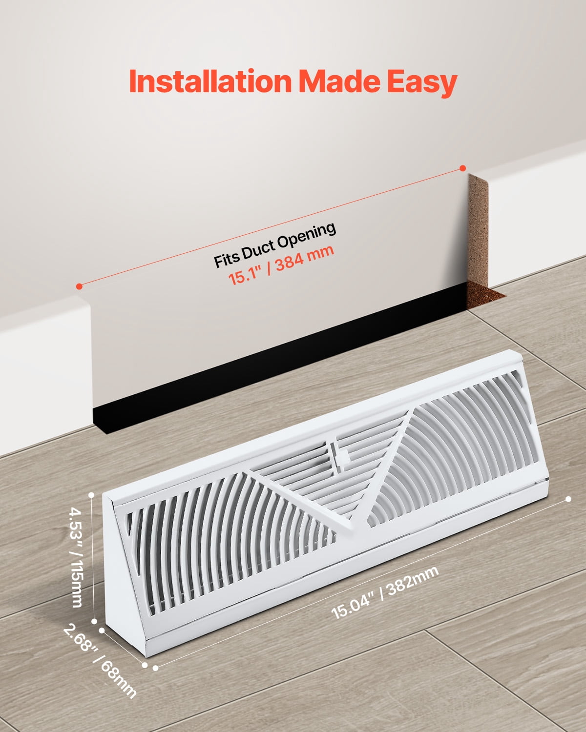 VEVOR 15-Inch Floor Registers,10-Pack Baseboard Registers, HVAC Heavy-Duty Walkable Iron Floor Vents, Rustproof Anti-Peeling Air Vents Deflector Adjustable with Metal Damper for Home & Office,White