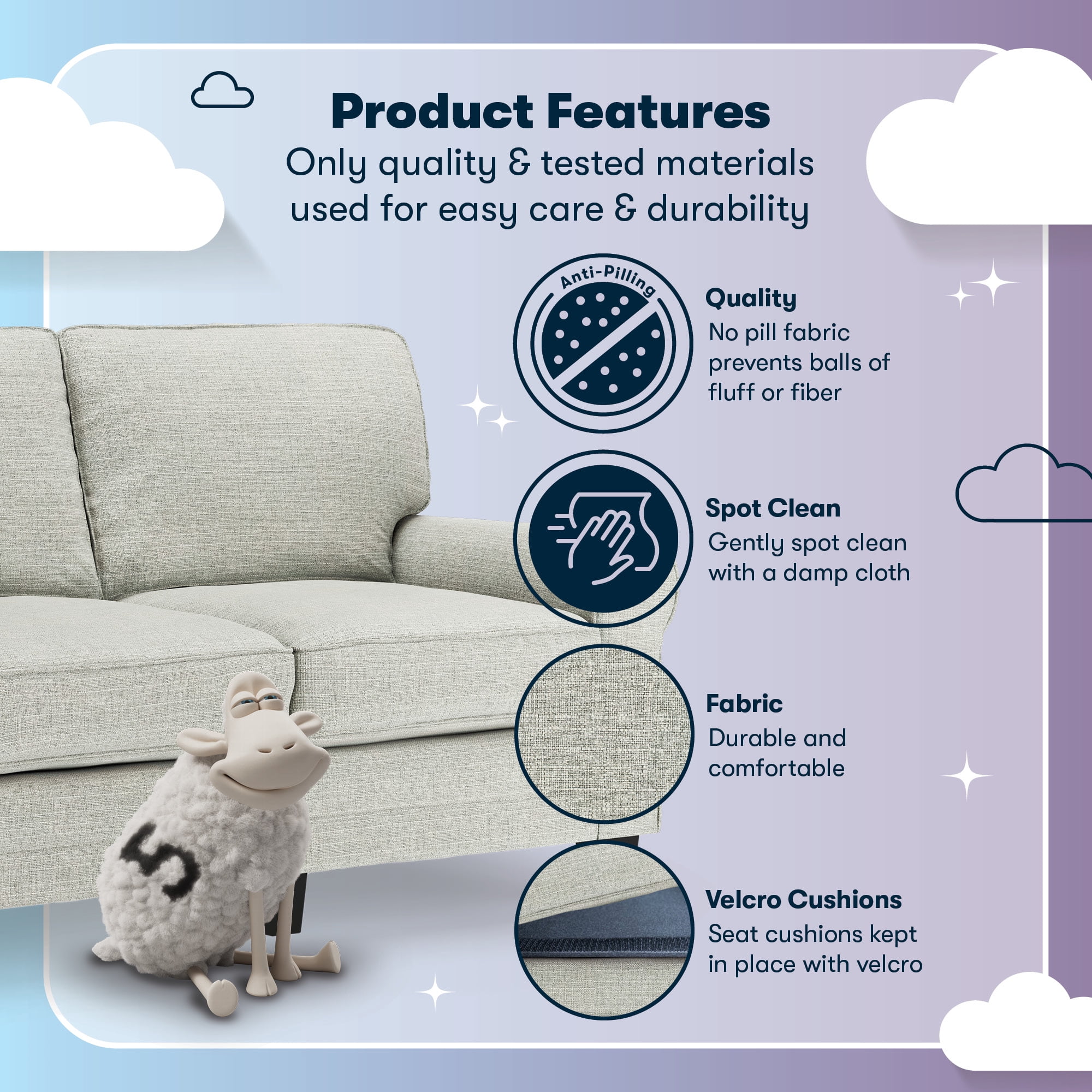 Serta Copenhagen 61" Rolled Arm Sofa, Easy Care Polyester, Loveseat or Couch for Small Spaces, Living Rooms or Bedrooms, Pebble Gray
