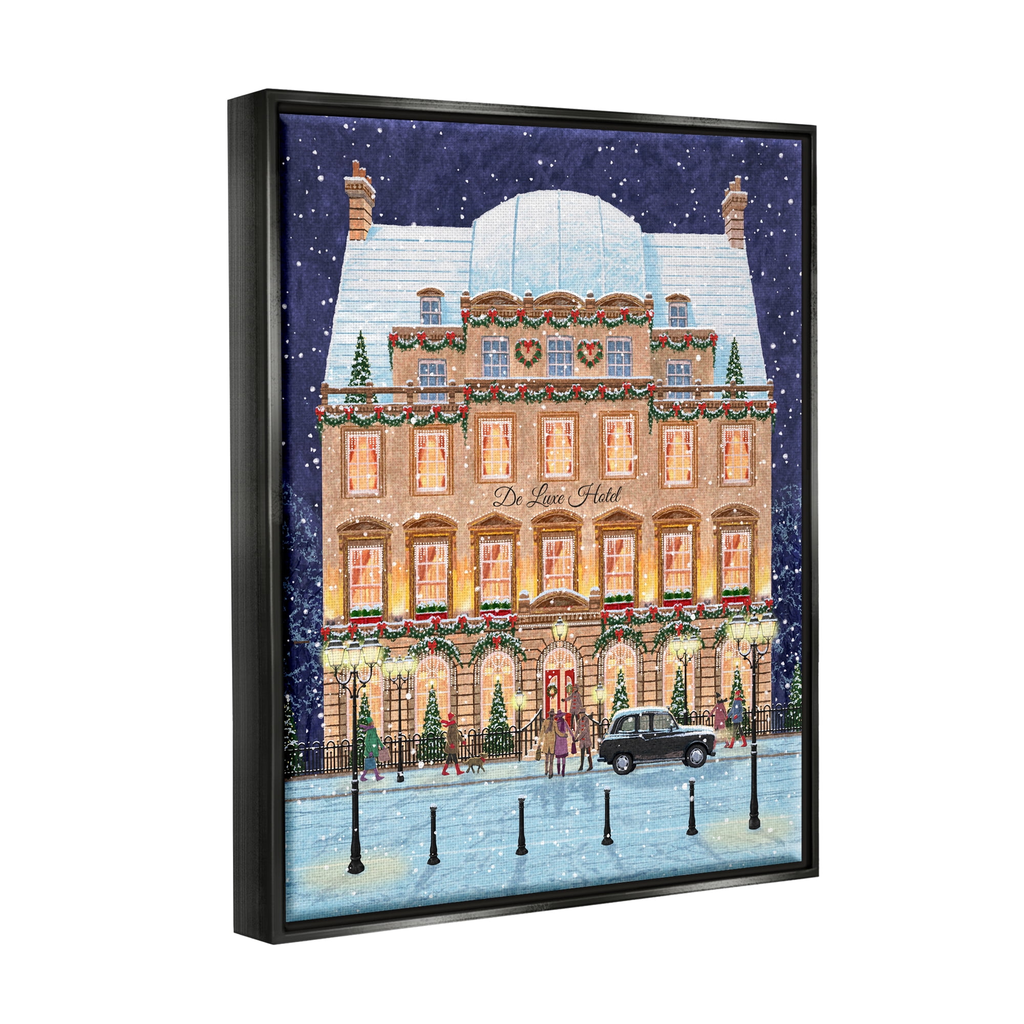 Stupell Industries Winter Hotel Christmas Festival Holiday Painting Black Floater Framed Art Print Wall Art