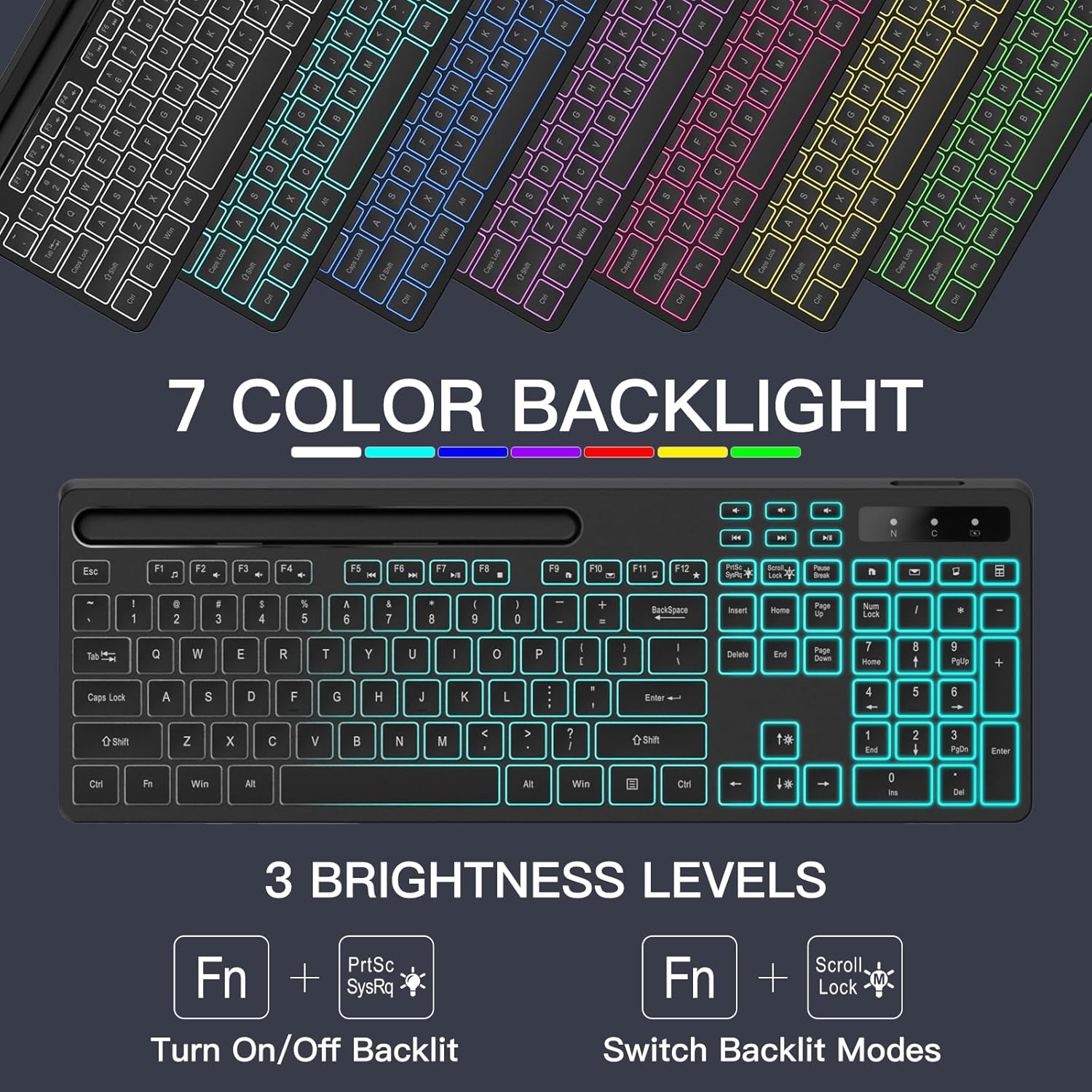 Wireless Keyboard with 7-Color RGB Backlit, Full-Size Computer Phone Tablet Holder, 2.4G Rechargeable Gaming Light Up Keys, Compatible Mac, Windows (Black)