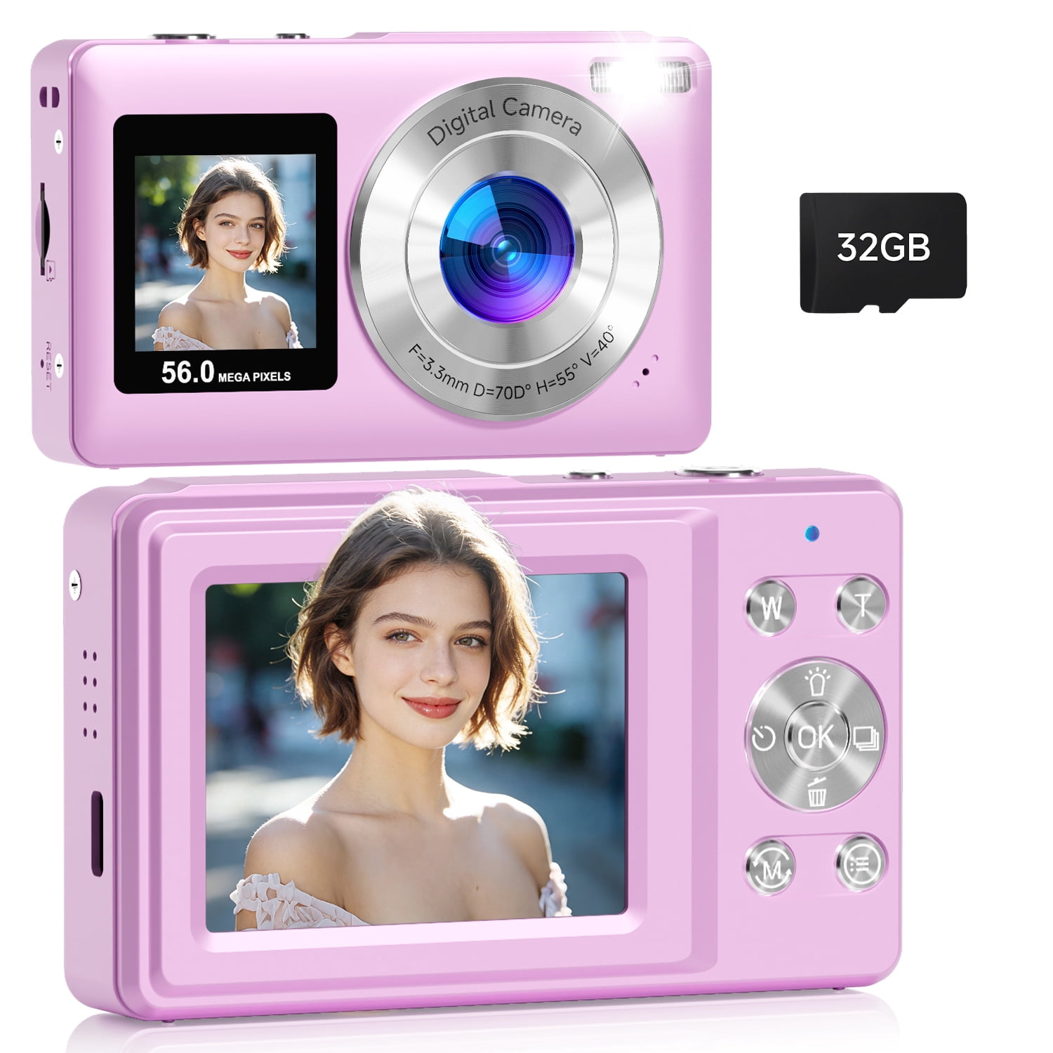 Pink Digital Camera, 4K 64MP Compact with Autofocus, Selfie Screen