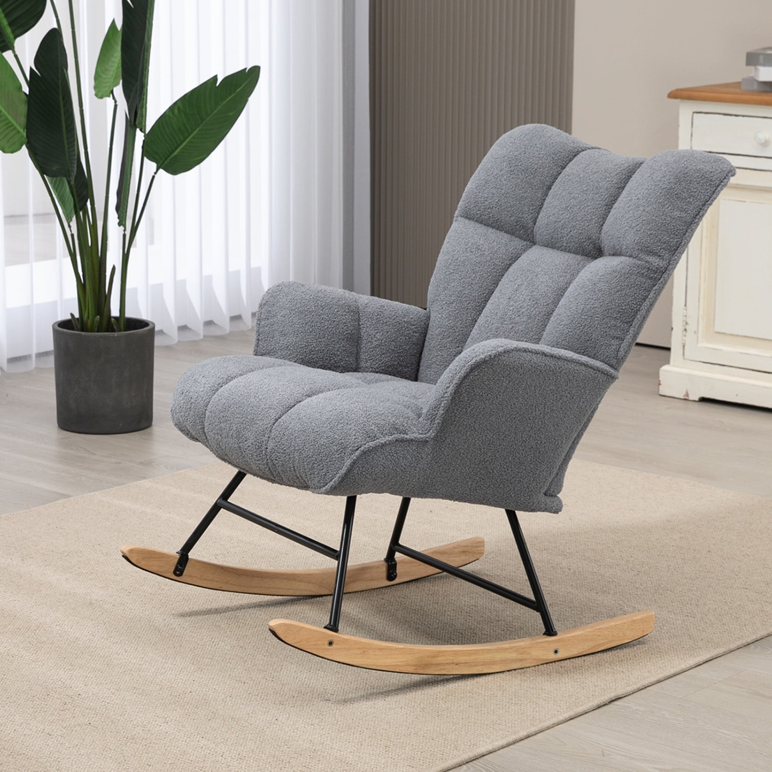 Nursery Rocking Chair Teddy, Upholstered Glider Rocker with High Backrest, Comfortable Stylish Accent Armchair with Padded Seat for Living Rooms, Bedrooms, Offices