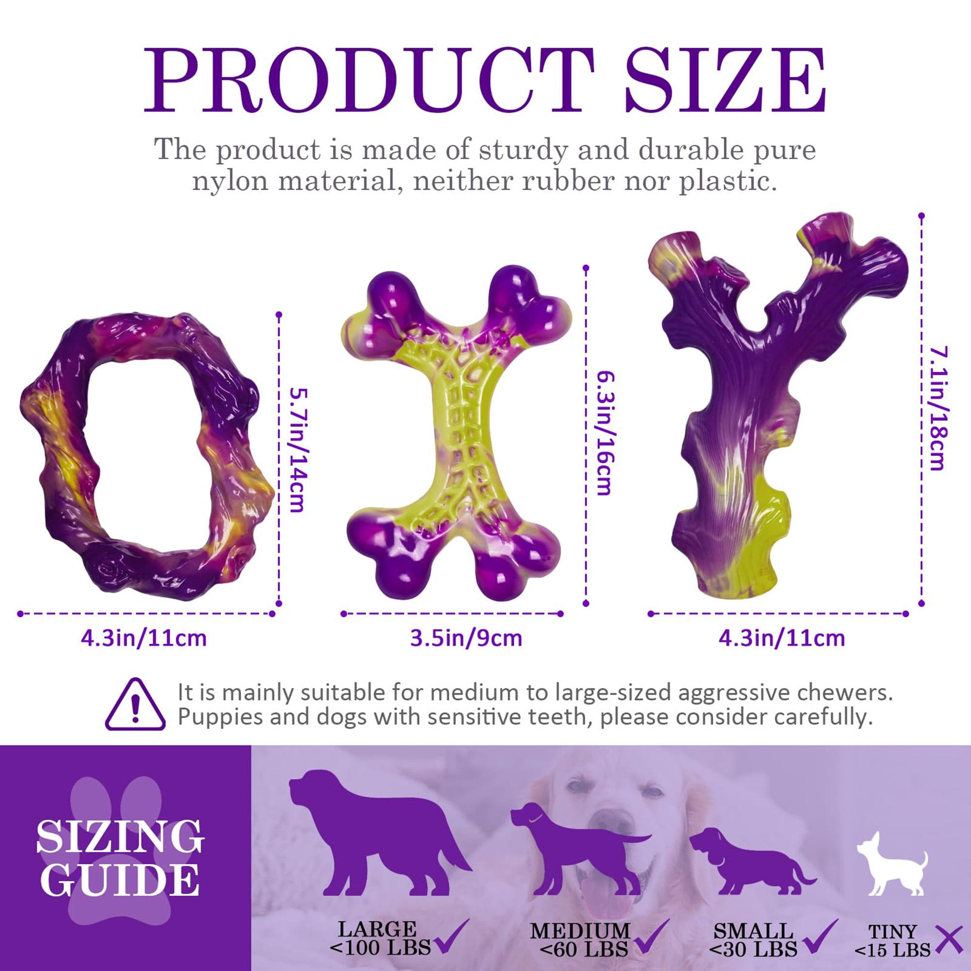 Indestructible dog toys for aggressive chewers, tough chew toys for large dogs 15-100lbs, durable nylon dog bones 3 pack, keeps dogs busy, purple