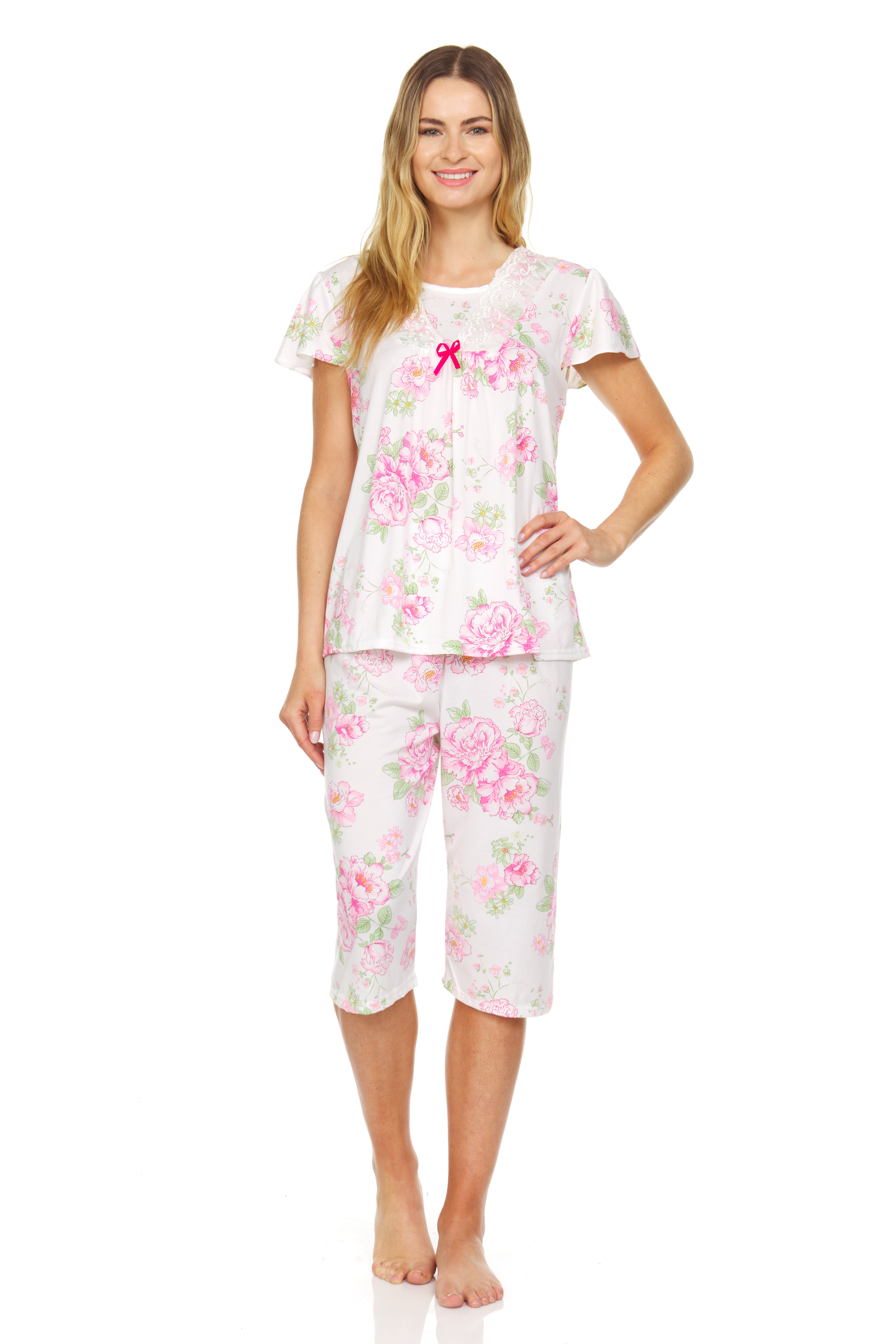 812C Womens Capri Set Sleepwear Pajamas Woman Sleep Nightshirt Pink L