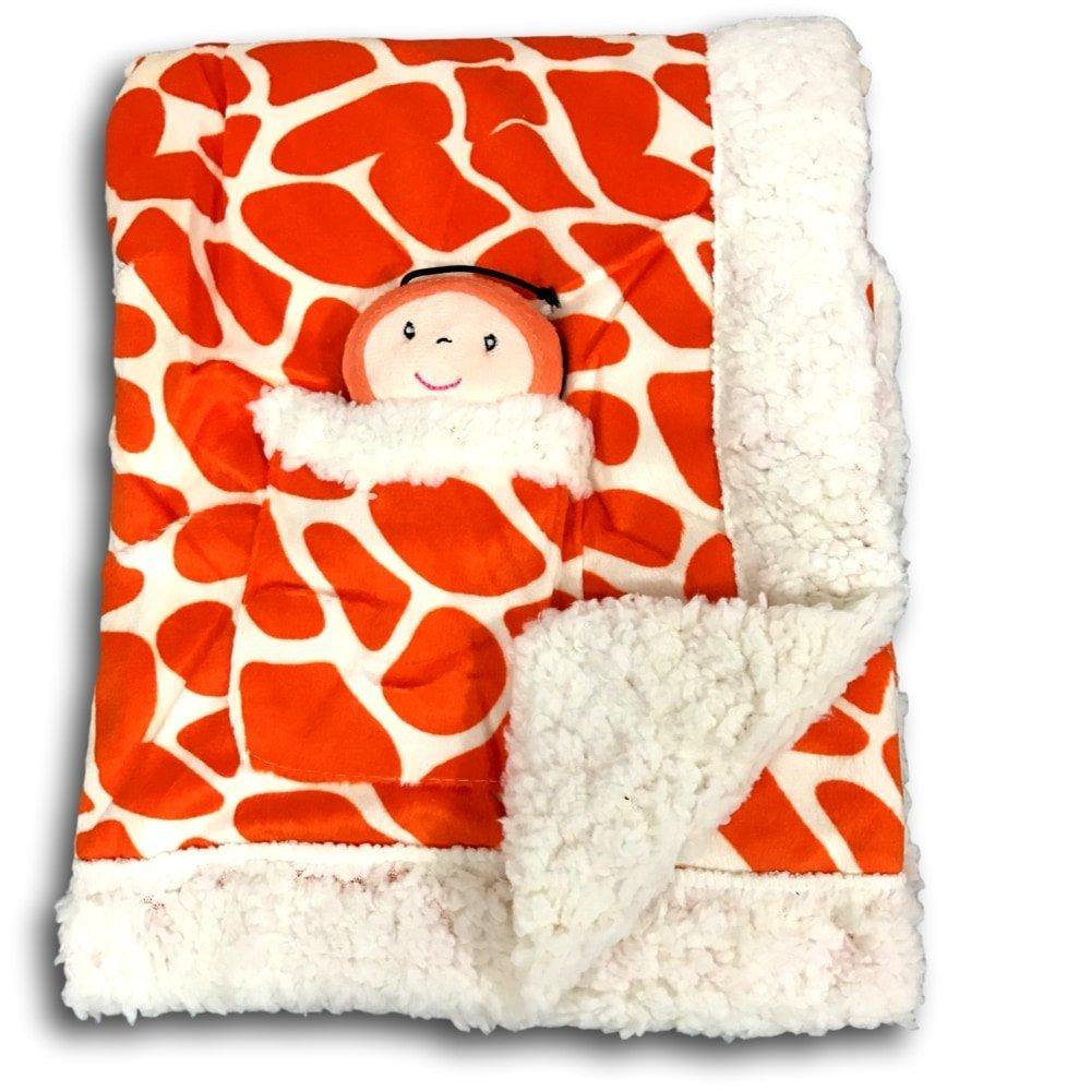 Plush Reversible Velour and Sherpa Baby Blanket with Stuffed Toy ORANGE
