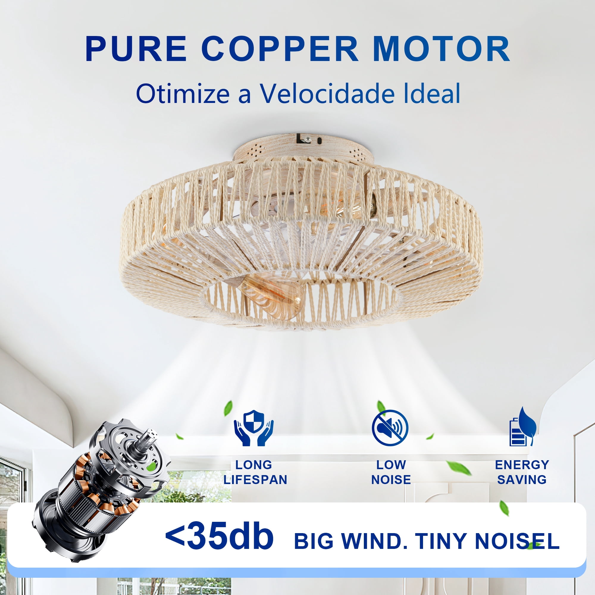 Leumius 20" Rope Caged Ceiling Fans with Light and Remote, Low Profile Chandelier 6 Speed DC Motor Reversible Ceiling Fan for Living Room Bedroom Matte White (NOT Included Bulbs)