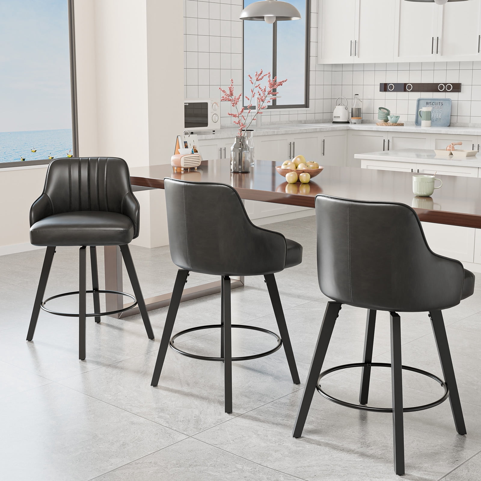 Ktaxon Swivel Bar Stools, 35" Counter Height Adjustable Bar Stools for Kitchen Island, Modern Black, 1 PCS