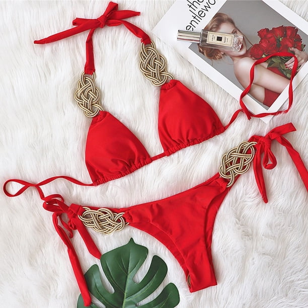 Traje de baño de bikini de color sólido dividido traje de baño de mujer sexy tejido a mano