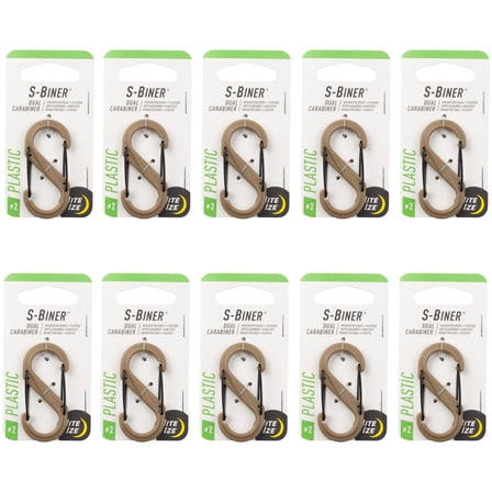 Nite Ize S-Biner Dual Carabiner Plastic - Durable Dual Carabiner with Wire Gate Closure for Organizing Keys & Keychain Attachments - Size 2, Coyote (10 Pack)