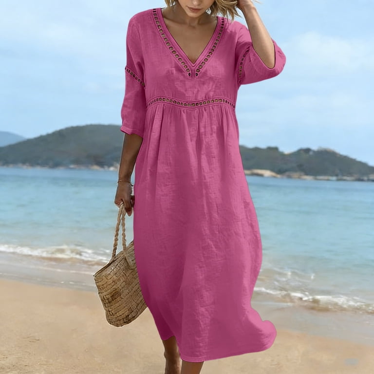 pink plus size boho dress Oksale Plus Size Boho Dresses for Women Casual Deep V Neck Midi Dresses Loose 3/4 Sleeve Linen Summer Dress Vacation Oufits Hot Pink 3XL, Women's
