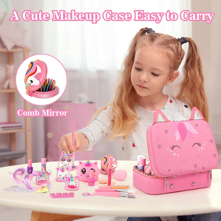 Kids Real Makeup Kit for Little Girls: with Pink Unicorn Bag - Real, Non  Toxic, Washable Make