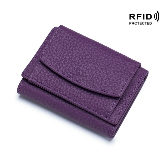 New Genuine Leather RFID Blocking Card Holder Organizer Pocket Mini Wallet, Anti-Credit Card Fraud Folding Mini Wallet, Premium Leather Wallet for Women (Purple)