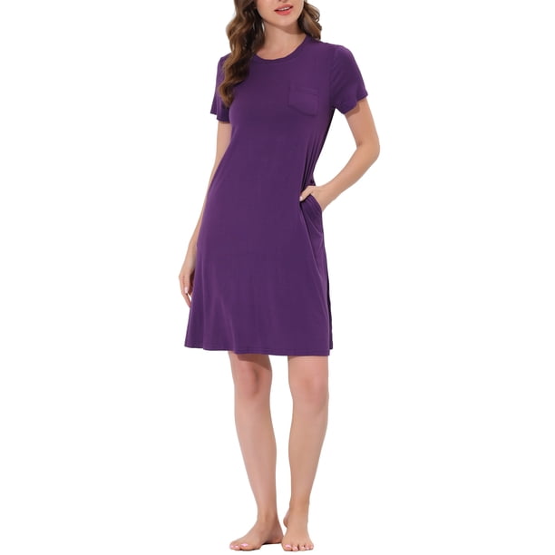INSPIRE CHIC Camisones de Mujer Vestido de Lounge Pijamas Cuello Redondo con Bolsillos Noche S Púrpura