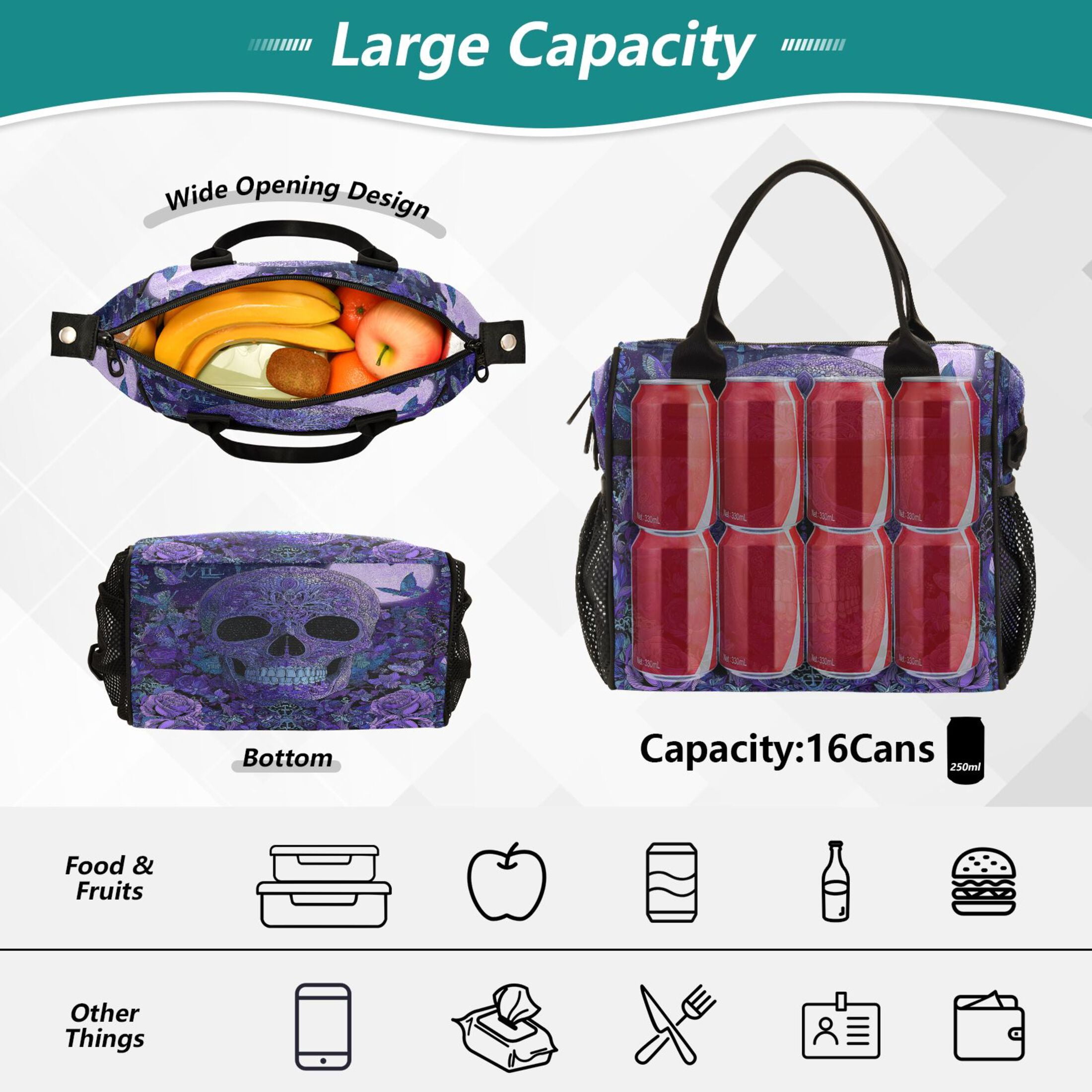 RMDQTR Midnight Skull Butterfly Bloom Large Tote Lunch Bag, Multi-Compartment Waterproof Thermal Food Bag for Commute Office & Picnic Outings