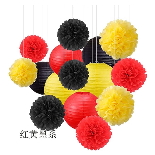 Xiao Hua Juego de 30 linternas de papel con forma de bola de flores, redondas y colgantes, para decoración de fiestas, bodas, cumpleaños y hogar. Serie roja, amarilla y negra.