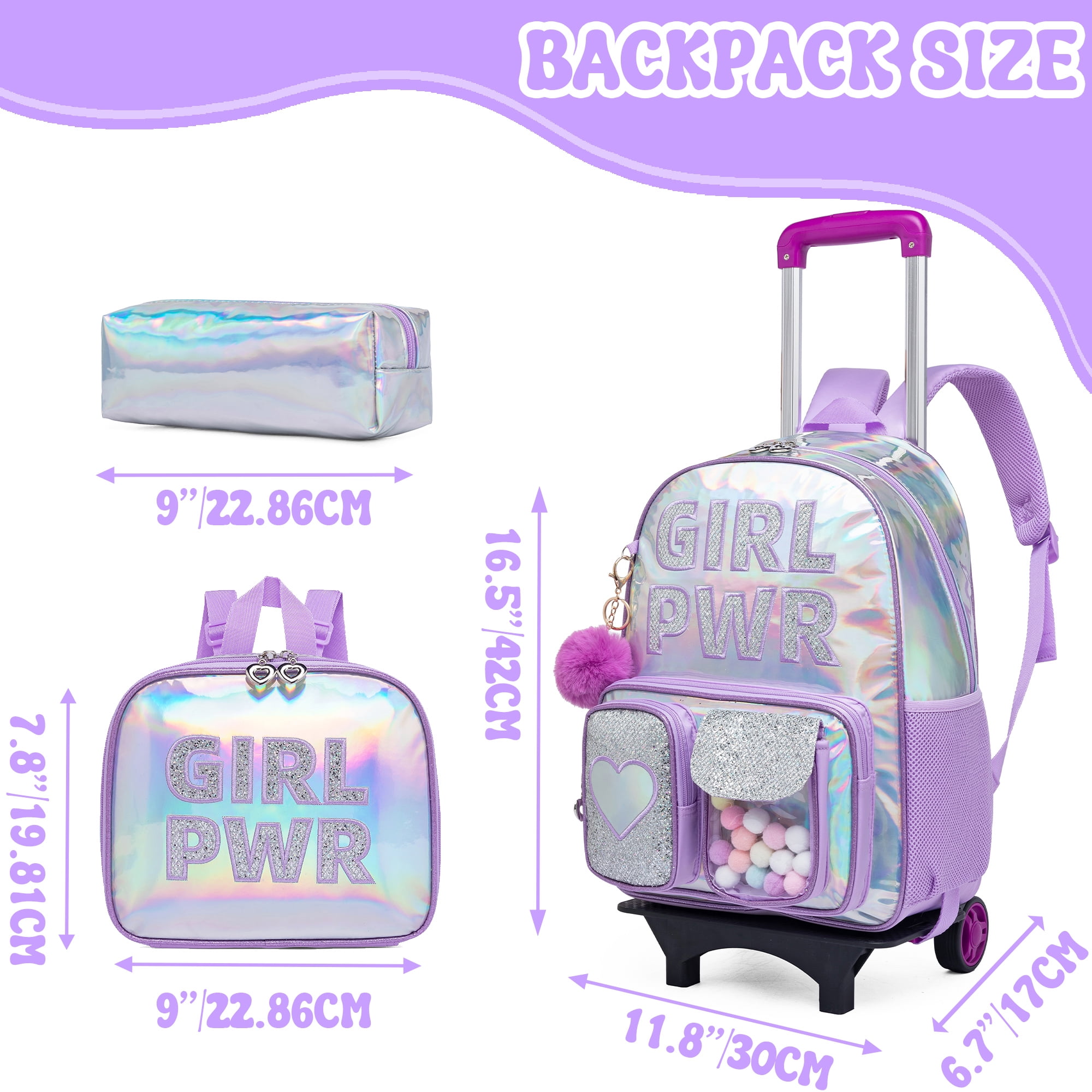 Sequin Kids Rolling Backpacks for Girls with Wheels Wheeled Backpack for School Lightweight Roller Bookbag Purple