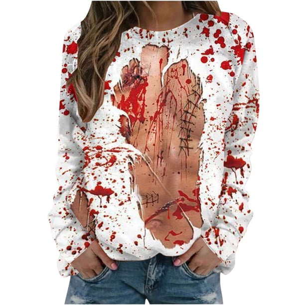 Sudadera informal con cuello redondo y mangas largas con estampado de Halloween para mujer, sudadera sin capucha con estampado de sangre personalizado Pompotops FGAJ18977