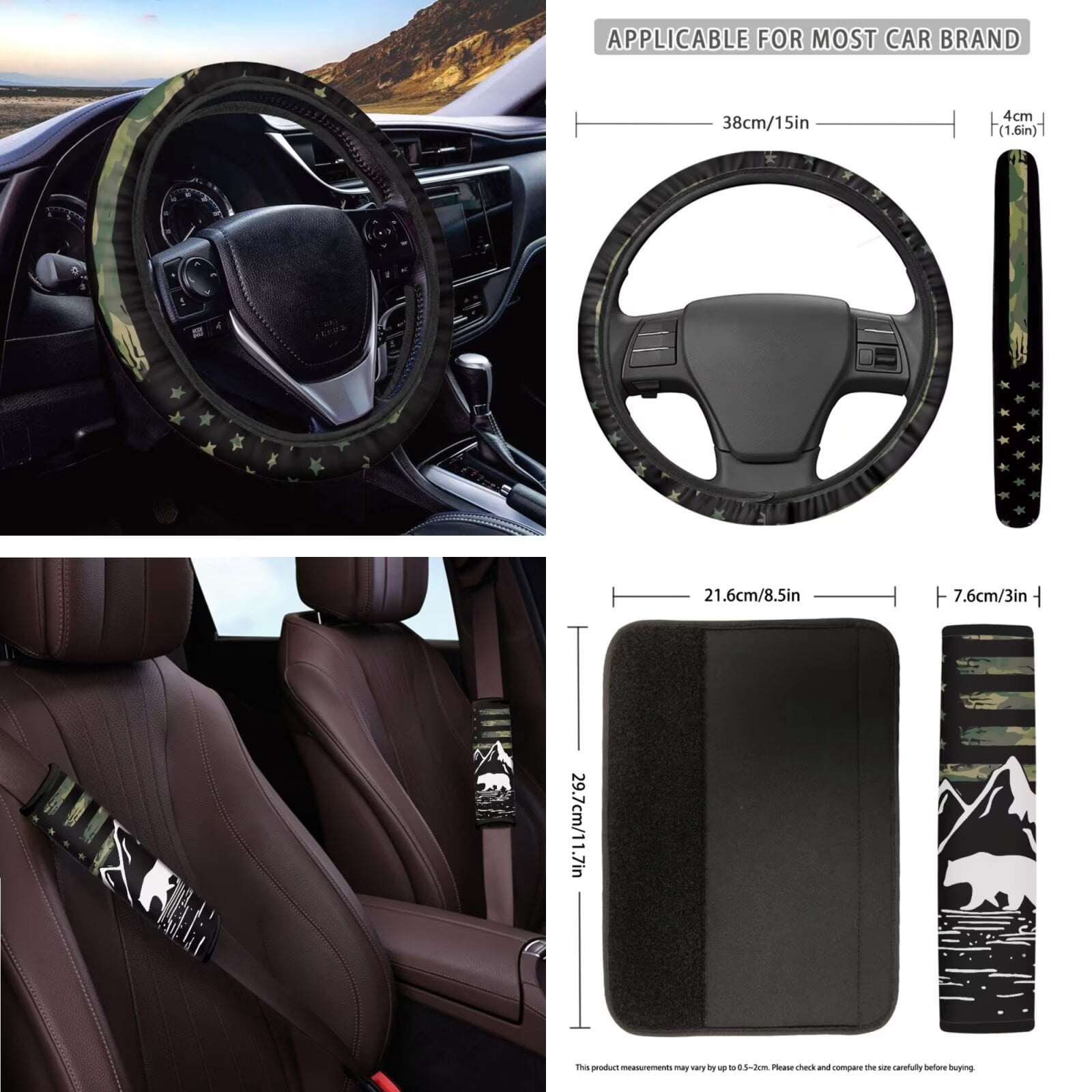 Garronmavis American Flag Bear 16 Pcs Car Accessories Set Car Seat Belt Pads Cover Keychain Hand Brake Cover Cup Mats Front Window Sunshade Auto Rear View Mirror Covers