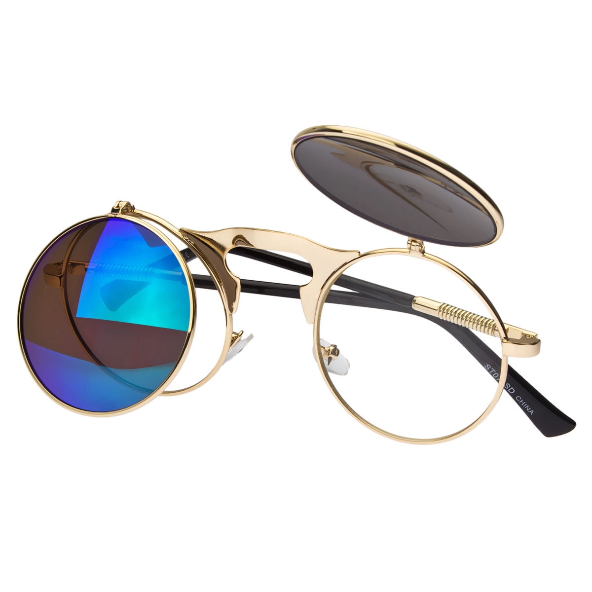 Cool Flip Up Lens Steampunk Vintage Retro Style Round Sunglasses Ocean Blue d