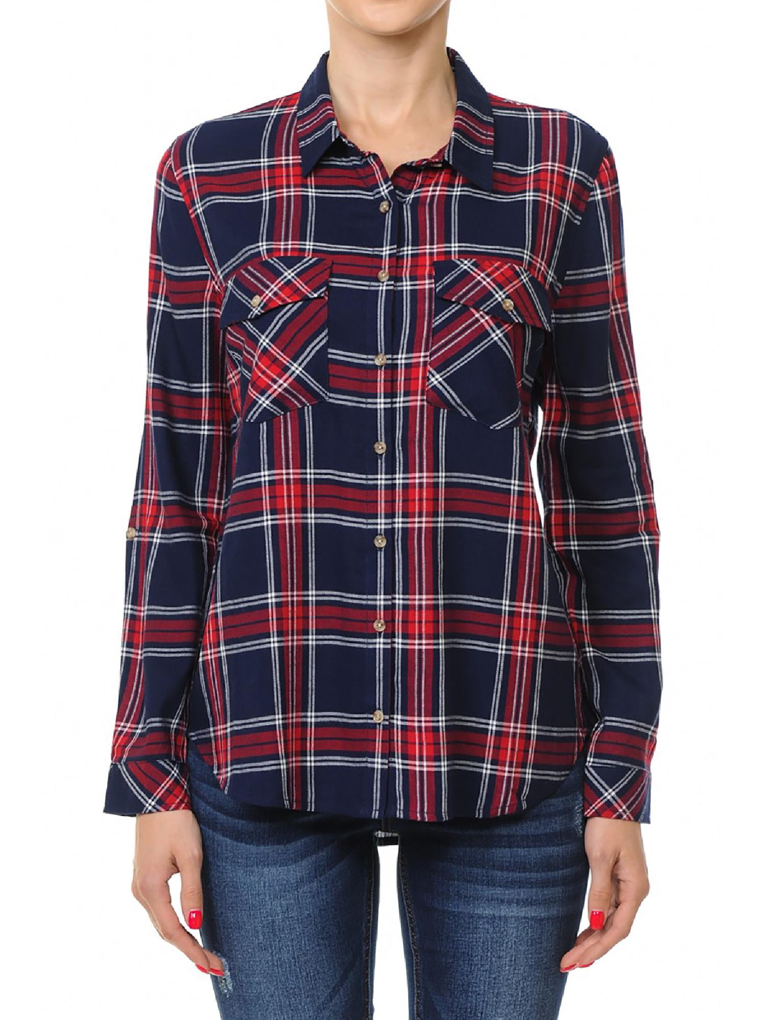 Design by Olivia Women/'s Roll Up Long Sleeved Button Down Collared Plaid Shirt