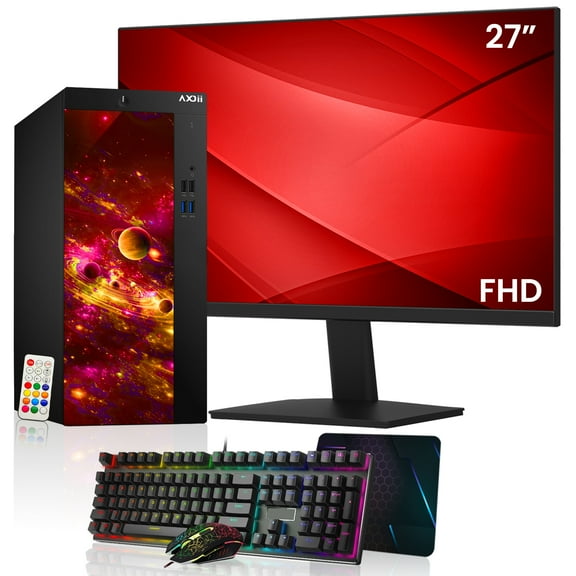 Restored AXOII Custom RGB Computer PC - 27" Inch Monitor, Intel Core i5 Processor up to 4.1GHz, 16GB DDR4 RAM, 512GB NVMe SSD, Wi-Fi, Windows 11 Pro - (Refurbished)