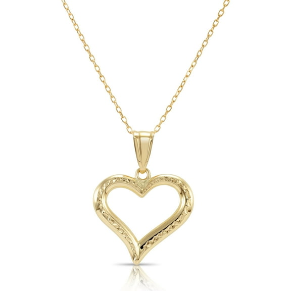 Tilo Jewelry 14K Yellow Gold Dainty Open Heart Pendant Charm Necklace with Diamond-Cut Engraving for Women & Unisex | 18 Inch Cable Chain