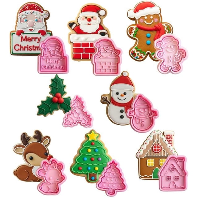 Cortadores de Galletas Navideños, Moldes de Plástico para Repostería, Diseños Festivos Santa y Muñeco de Nieve, 6,8 x 5,8 x 1,2 cm, Set de Cortadores para Decoración de Galletas