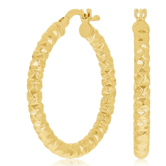 Italian 14k Yellow Gold Hollow Diamond Cut Hoop Earrings 1.1" 3mm 2 grams