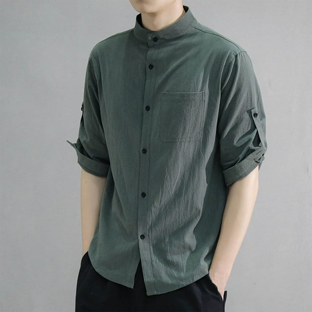 pstuiky camisetas camisas para hombre, Camisa informal de manga corta con cuello alto y botones para hombre, color liso ropa de hombre xxxl