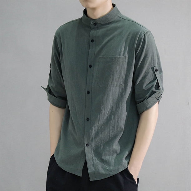 pstuiky camisetas de hombre, Camisa informal de manga corta con cuello alto y botones para hombre, color liso ropa de hombre xl