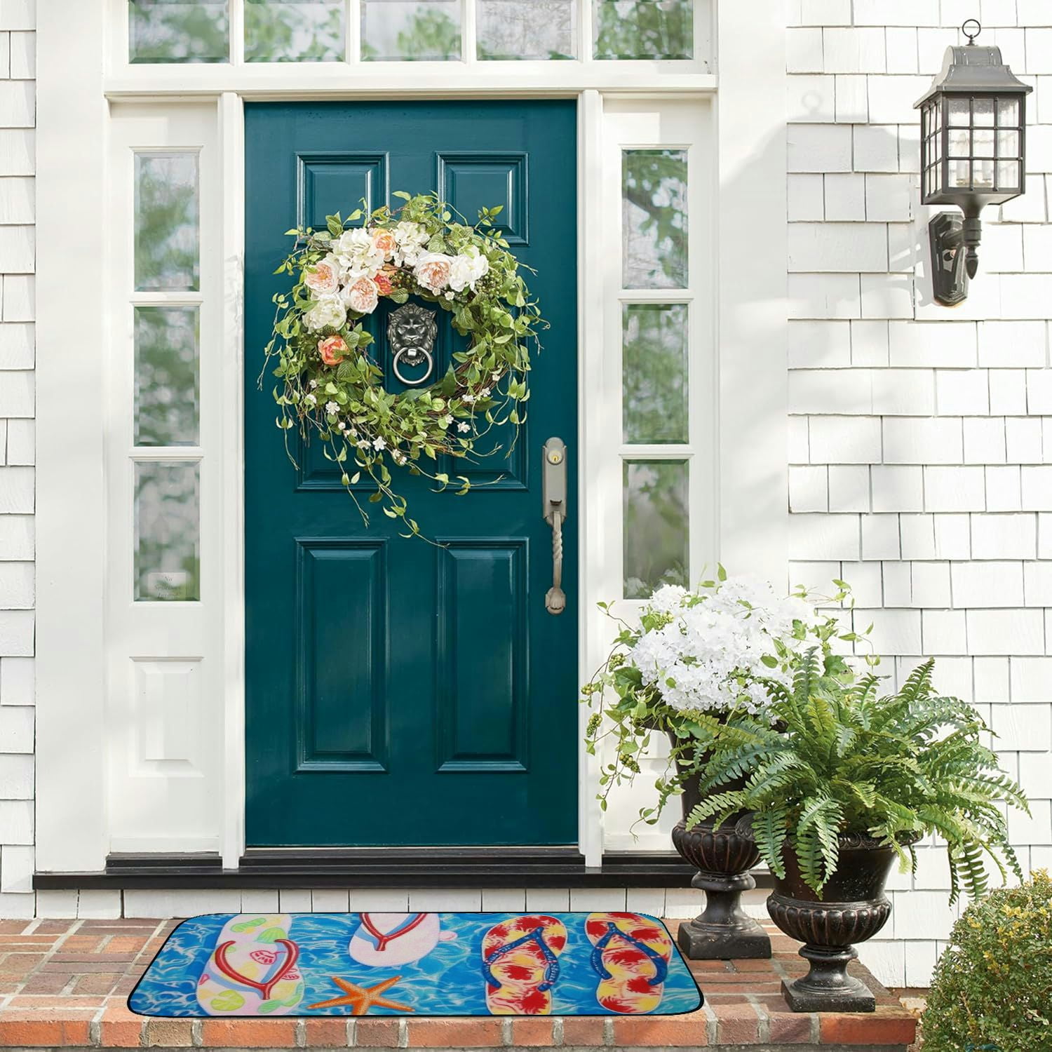 Qinduosi Summer Flip Flops Door Mat, Beach Outdoor Doormat for Entryway Nautical Indoor Entrance, Non Slip Doormat Rug with Rubber Backing, Absorbent Ocean Areas Mats Outside Patio Home 19.68*47.24 in
