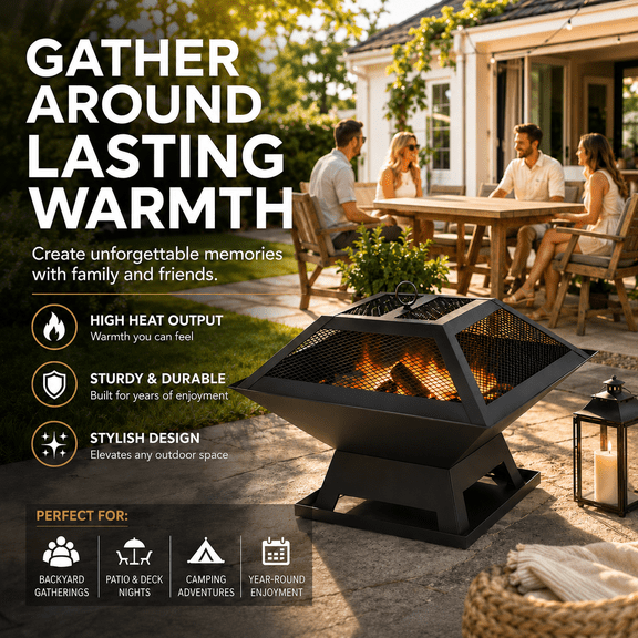 Portable Wood-Burning Outdoor Fire Pit with Removable BBQ Grill Grate, Spark Screen And Fire Poker. Ideal for Backyard Barbecues, Camping, Patio Heating, Bonfire Nights And Outdoor Gatherings.