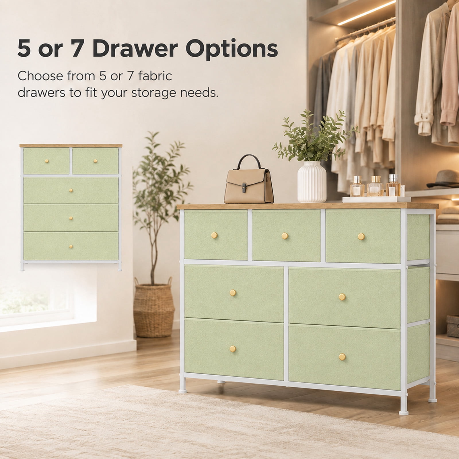 Alvantor 5/7 Drawer Fabric Dresser, Storage Tower for Bedroom and Closet, Chest of Drawers with Sturdy Steel Frame & Wooden Top for Living Room, Entryway