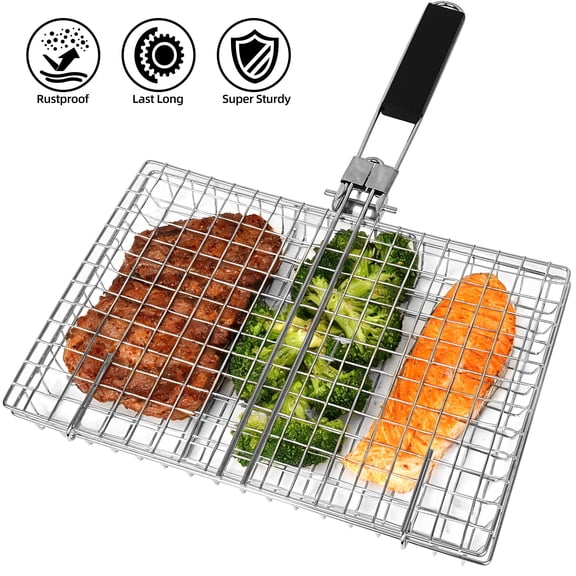 Grill Basket, Grill Baskets for Outdoor Grill with Detachable and Foldable Handle, Heavy Duty Grill Basket Outdoor Grill Camping BBQ Rack for Fish Vegetable, Birthday Gifts for Men Dad Husband