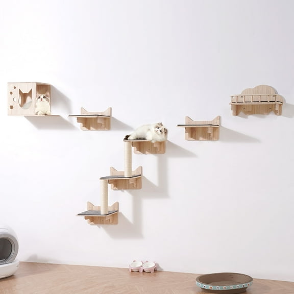 VEVOR Wall Mounted Cat Shelves, Cat Wall Shelves and Perches with Jumping Boards, Nest, Barrier Board & Cat Tree, Cat Floating Furniture up to 40 lbs for Sleeping, Playing, Climbing, Set of 5