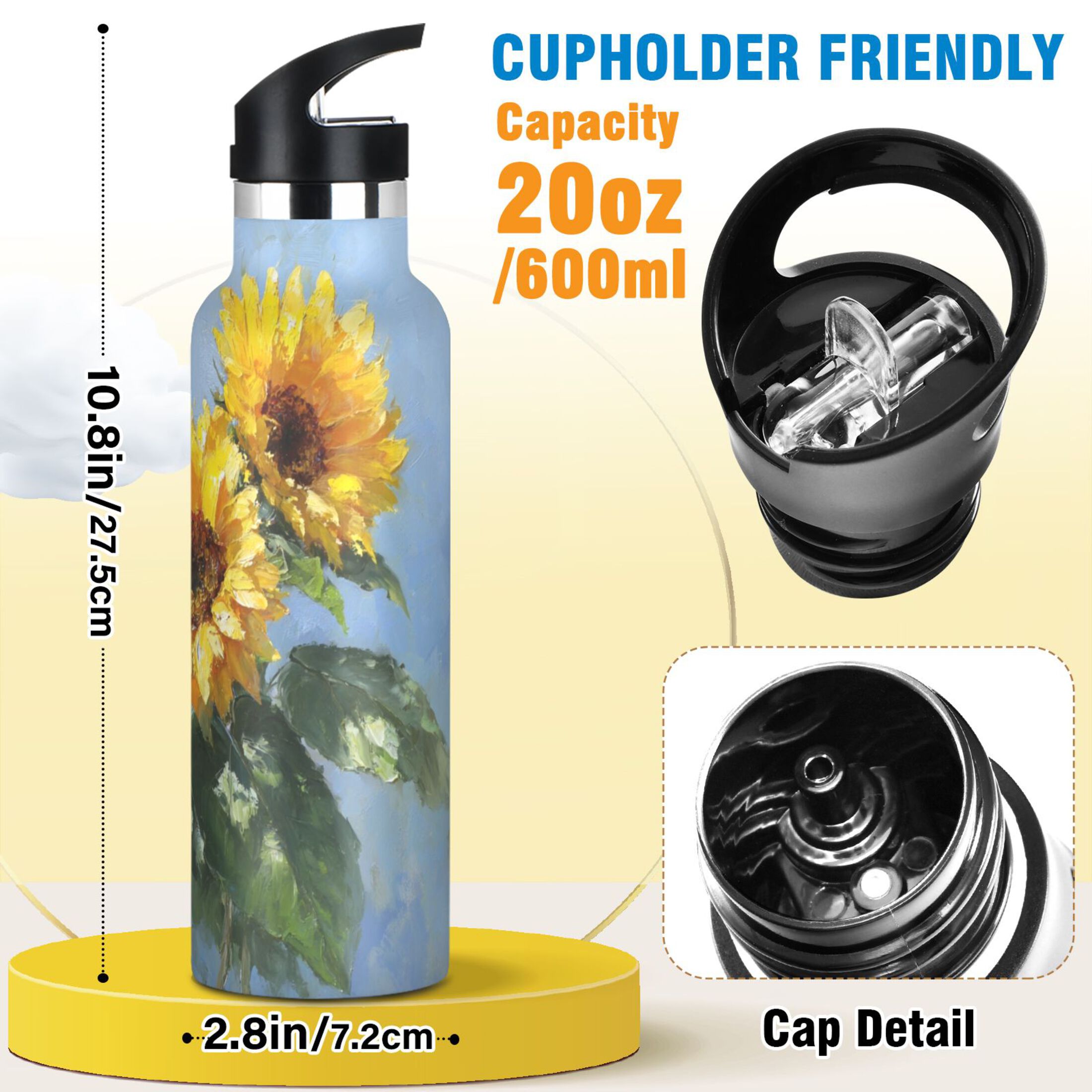Kids Insulated Stainless Steel Sports Water Bottle 600ml (20oz) Sunflowers Painting