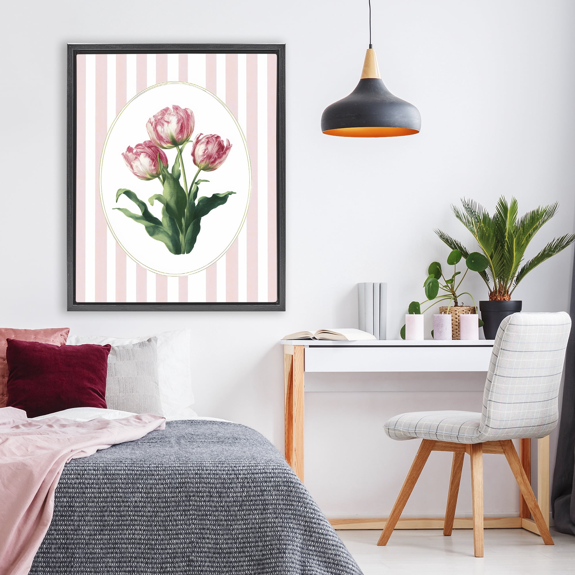 Stupell Industries Spring Tulips on Stripes Black Framed Floater Canvas Wall Art, design by Ink Drop Loft
