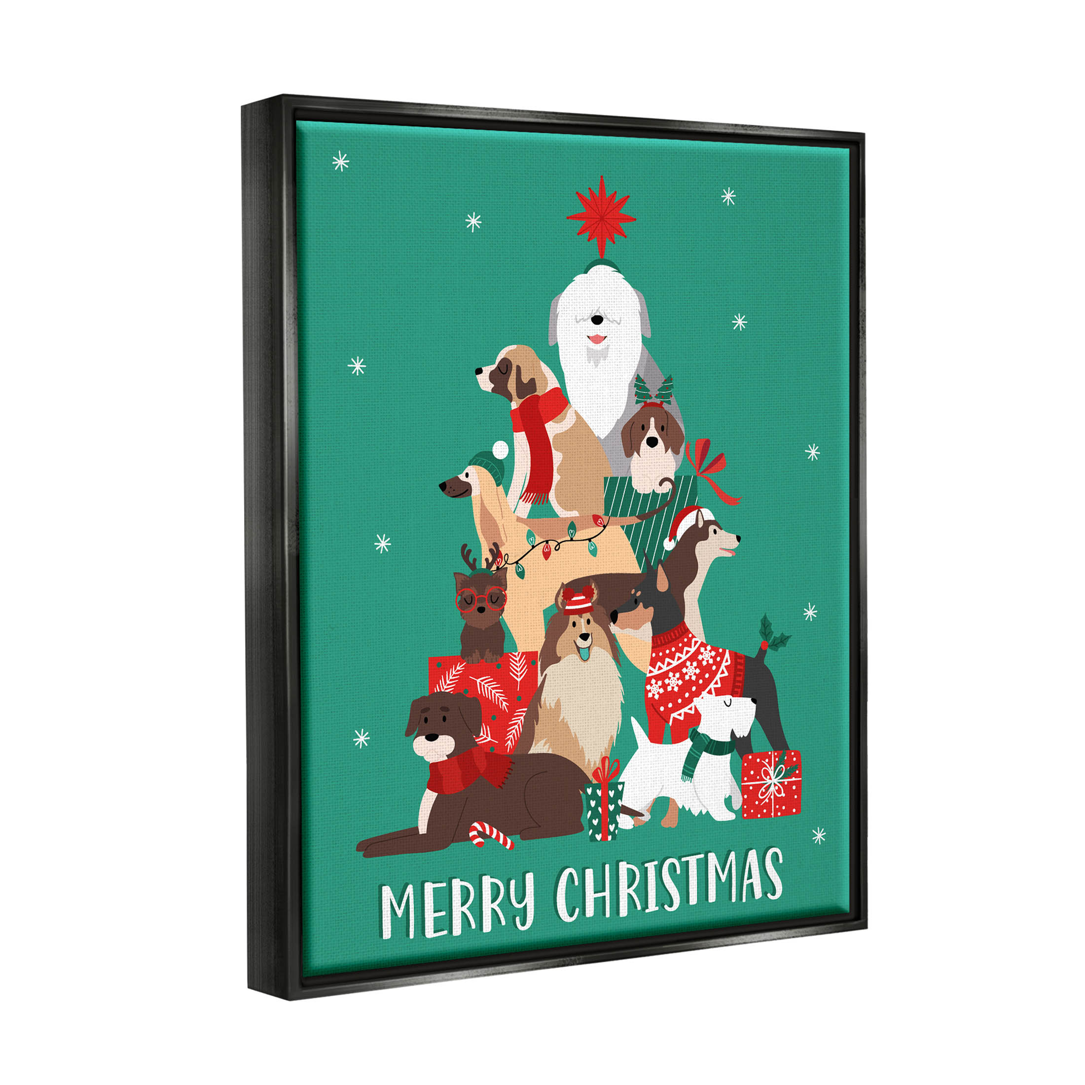 Merry Christmas Happy Dog Gifts Holiday Graphic Art Jet Black Framed Art Print Wall Art