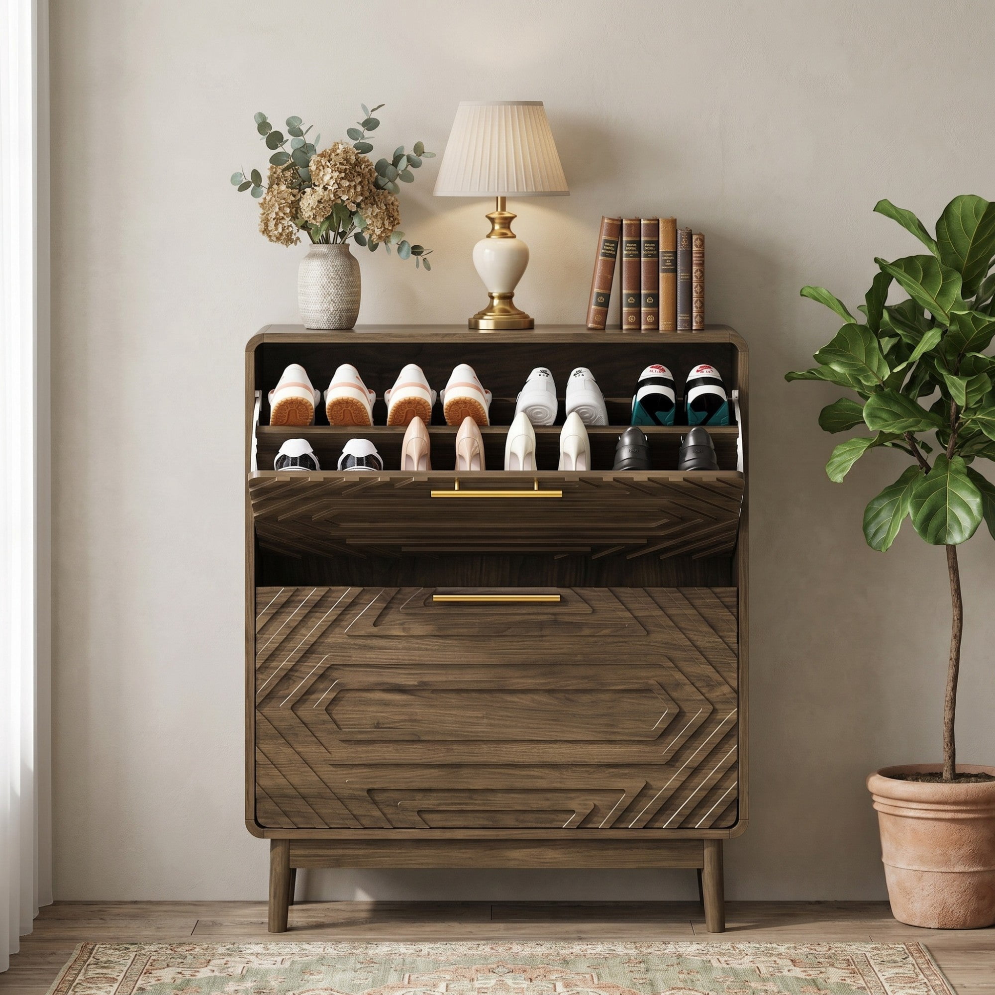 Sailvan 31.5" Walnut Shoe Cabinet, Mid-Century Modern Freestanding Organizer with 2 Flip-Top Drawers